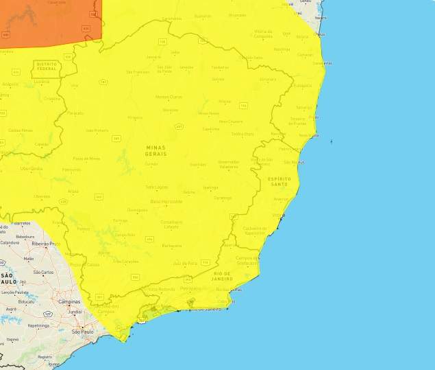 Alerta do Inmet abrange na Região Sudeste todos os estados do Espírito Santo, Minas Gerais e Rio de Janeiro