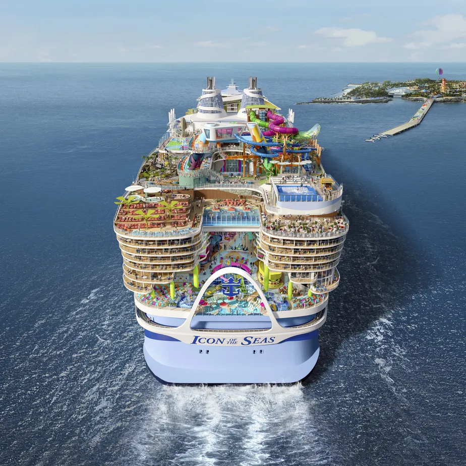 Desenho mostra como será a parte de trás do Icon of the Seas, futuro maior navio do mundo, da Royal Caribbean - Foto - Divulgação