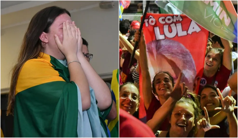 De um lado, mulher chorando, do outro, mulheres comemorando  Foto: Rede Gazeta