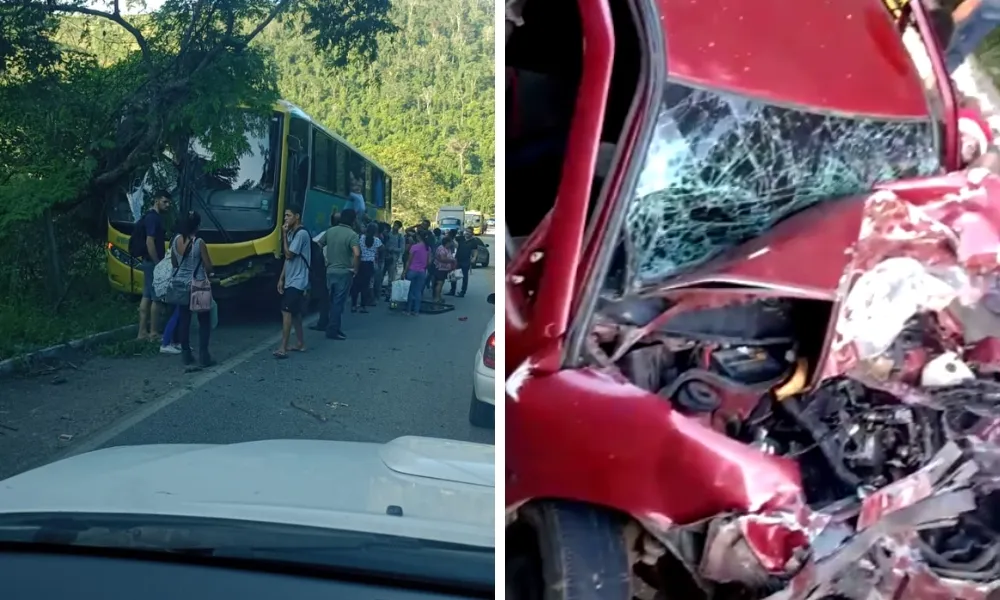 Carro bateu de frente com ônibus na rodovia federal - Foto: Reprodução/Redes Socias