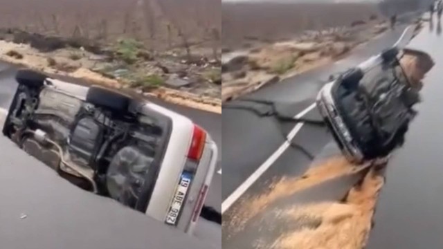 Vídeos obtidos pela mídia turca mostram carros engolidos pelas crateras criadas na rodovia por conta do terremoto Foto: Reprodução/Son Dakika