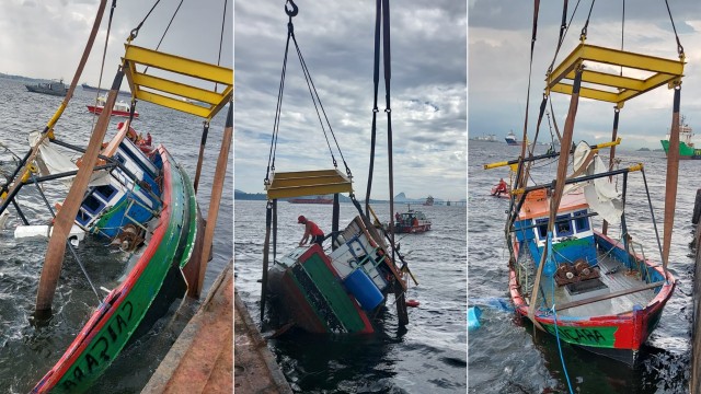 Traineira Caiçara foi retirada da Baía de Guanabara na tarde desta segunda-feira