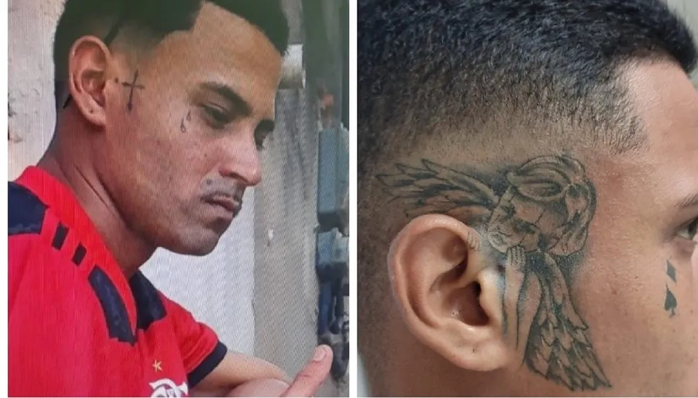 Para despistar os policiais, suspeito preso na Serra chegou a alterar uma tatuagem no rosto após ter a imagem divulgada há algumas semanas pela Polícia Civil do Espírito Santo. - Foto: Polícia Civil/D