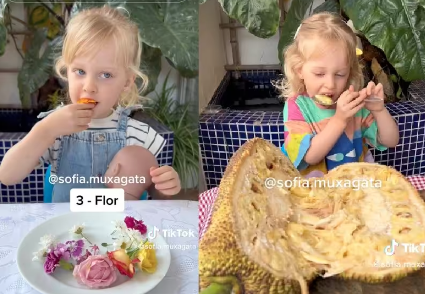 Sofia Muxagata, é uma menina de 2 anos que literalmente come de tudo, incluindo flores e jaca - Fotos: reprodução / TikTok