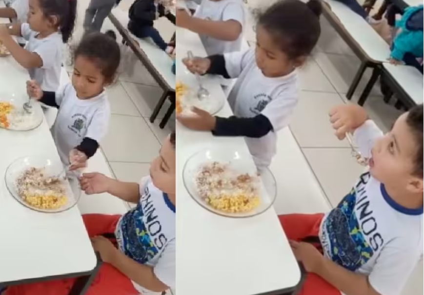 A professora flagrou o momento em que a menina ajuda o amiguinho autista a comer e enche a colher dele várias vezes - Fotos: reprodução / TikTok @lidiacampos1231