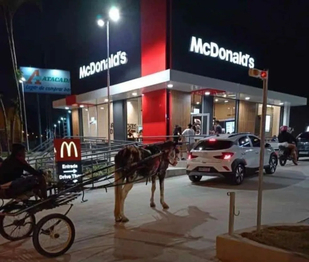 Homem vai de charrete guiada por cavalo em drive-thru de fast food no litoral de SP - Foto: Reprodução/São Vicente Mil Grau