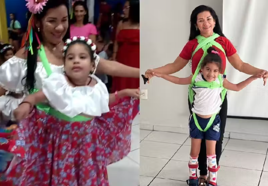 A professora Nila Arnaud adaptou o vestido de festa junina especialmente para que a aluna com deficiência pudesse dançar e se divertir. - Fotos: reprodução / Instagram @nilaarnaud