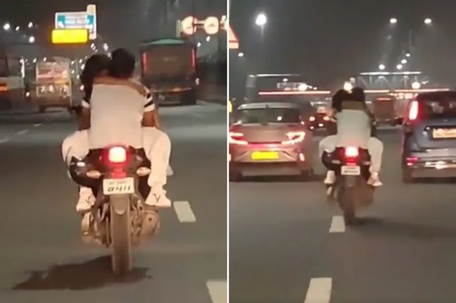 Casal é flagrado em momento íntimo sobre moto em rodovia movimentada na Índia - Foto: Reprodução/Twitter