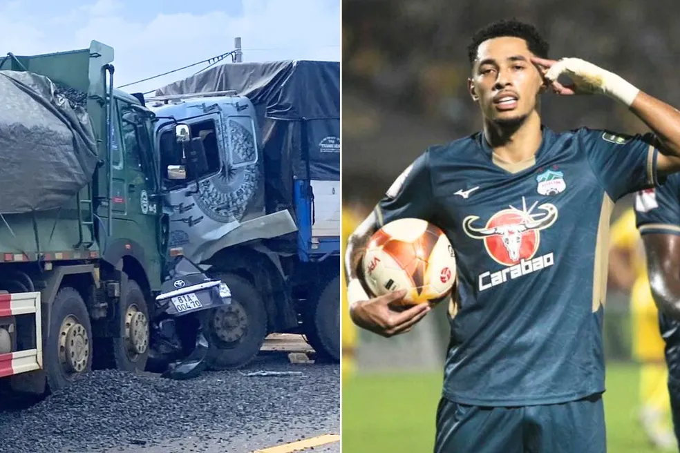 Carro com atacante brasileiro foi 'prensado' por dois caminhões no Vietnã ?- Foto: Reprodução/tuoitre.vn e Reprodução