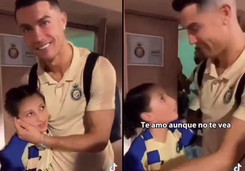 O vídeo de Cristiano Ronaldo conversando com a menina cega que declarou seu amor a ele, mesmo sem poder enxergá-lo, está correndo o mundo - Fotos: reprodução / TikTok