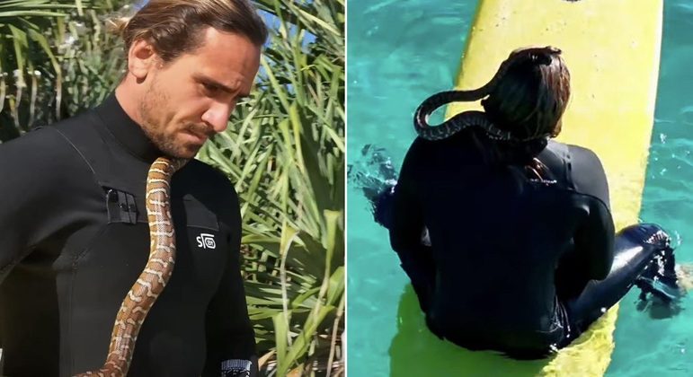 Surfista australiano foi multado por surfar com um cobra enrolada no pescoço REDES SOCIAIS/INSTAGRAM @SKYMONKEY5 VIA ABC NEWS AUSTRÁLIA - 18.09.2023