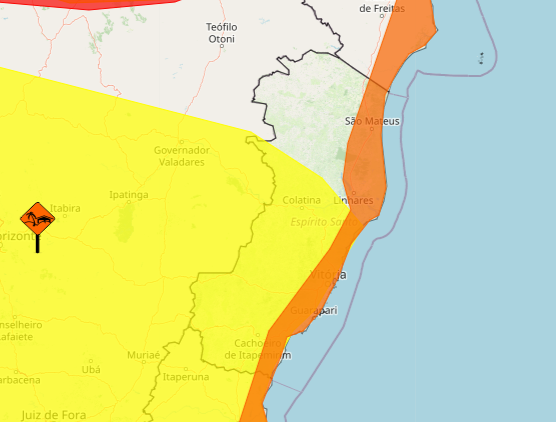 Área do ES com alerta de tempestade (em amarelo) e alerta de ventos costeiros (em laranja). Crédito: Inmet