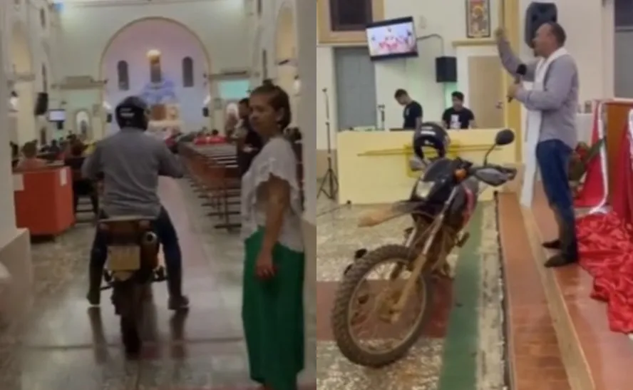 Padre viraliza depois de entrar de moto em igreja no Acre - Foto: Reprodução