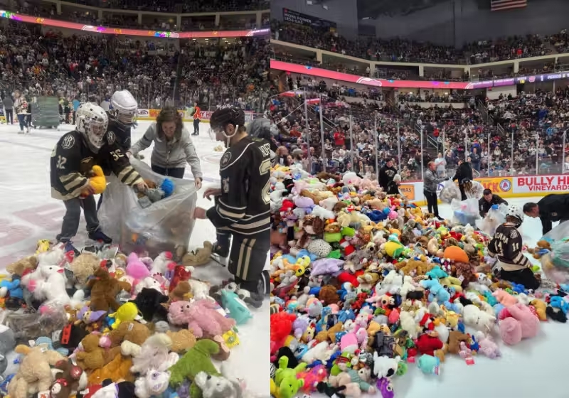 Os torcedores do Hershey Bears arremessaram mais de 74 mil ursinhos no campo e quebraram o recorde do ano passado. - Foto: Hershey.