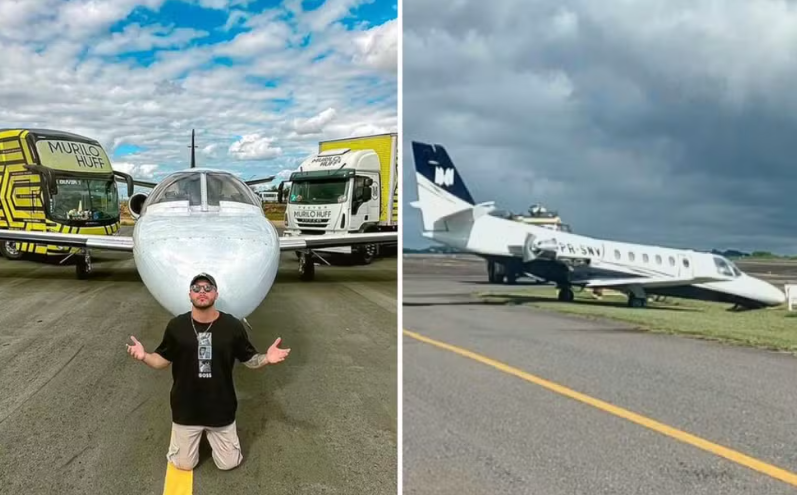 Murilo Huff e a aeronave que caiu em vala de aeroporto de Goiânia, Goiás - Foto: Reprodução/Redes Sociais e Reprodução/TV Anhanguera