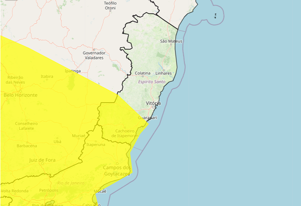 Cidades com alerta amarelo para tempestade estão nas regiões Sul e Serrana. (Instituto Nacional de Meteorologia (Inmet))