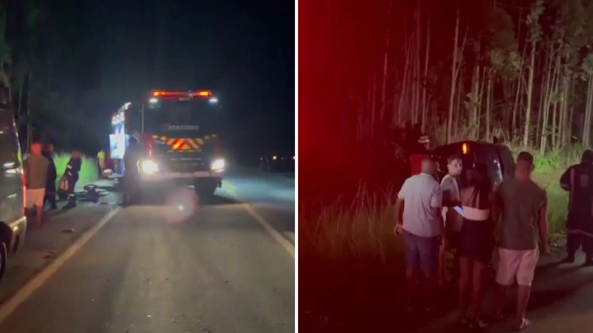 Bombeiros no local do acidente onde carro colidiu em plantação de eucaliptos. (Reprodução/ Instagram @barradosahyaracruz)