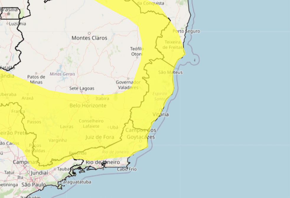 Alerta amarelo de chuva intensa emitido pelo Inmet. Foto: Divulgação