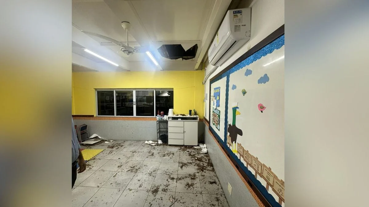 Parte do segundo piso do prédio da educação infantil da Escola Primeiro Mundo desabou nesta quinta (18) . (Reprodução | Arquivo Pessoal)