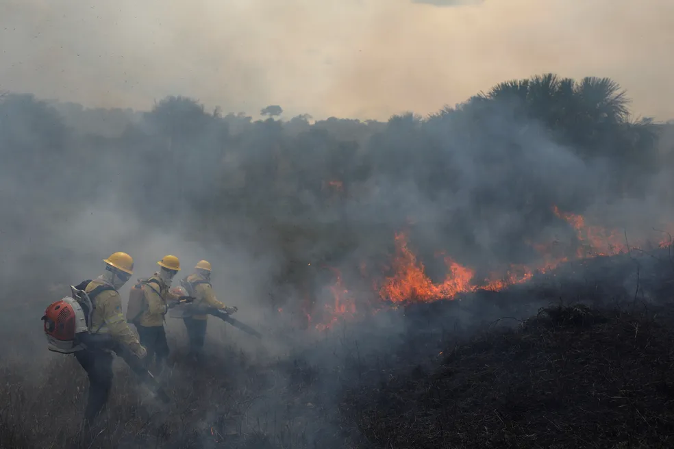 Brigadistas do Ibama tentam controlar fotos de queimada durante incêndio no sul do estado do Amazonas (foto de setembro de 2021) - Foto: REUTERS/Bruno Kelly/File Photo/