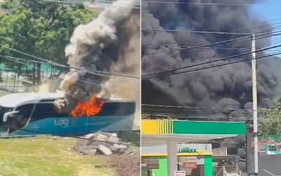 VÍDEO | Ônibus de turismo pega fogo em Vitória